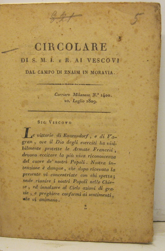 Circolare di S. M. I. e R. ai vescovi dal campo di Znaim in Moravia. Corriere Milanese n° 1400, 20 luglio 1809